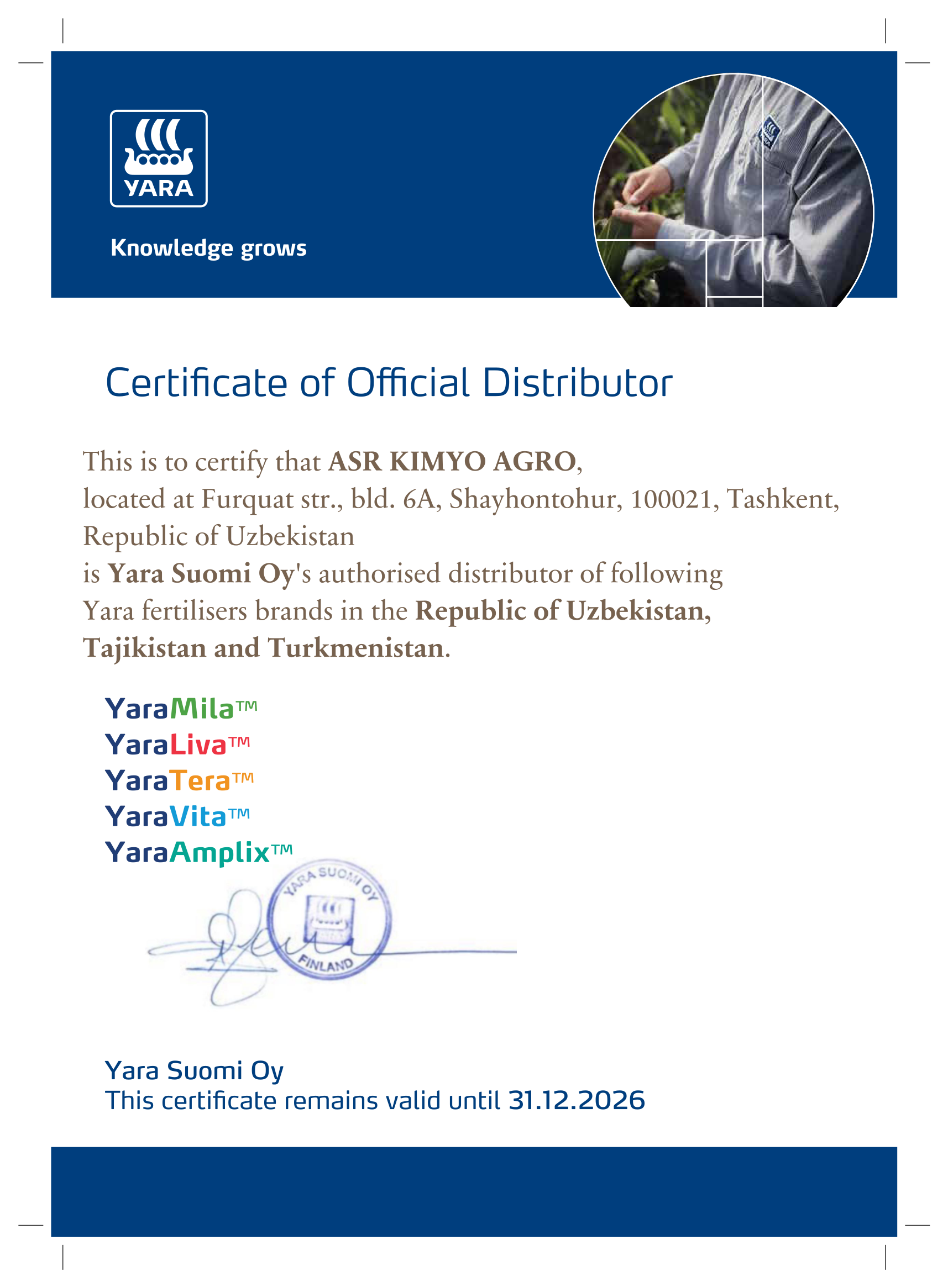 YARA Official Distributor Certificate
